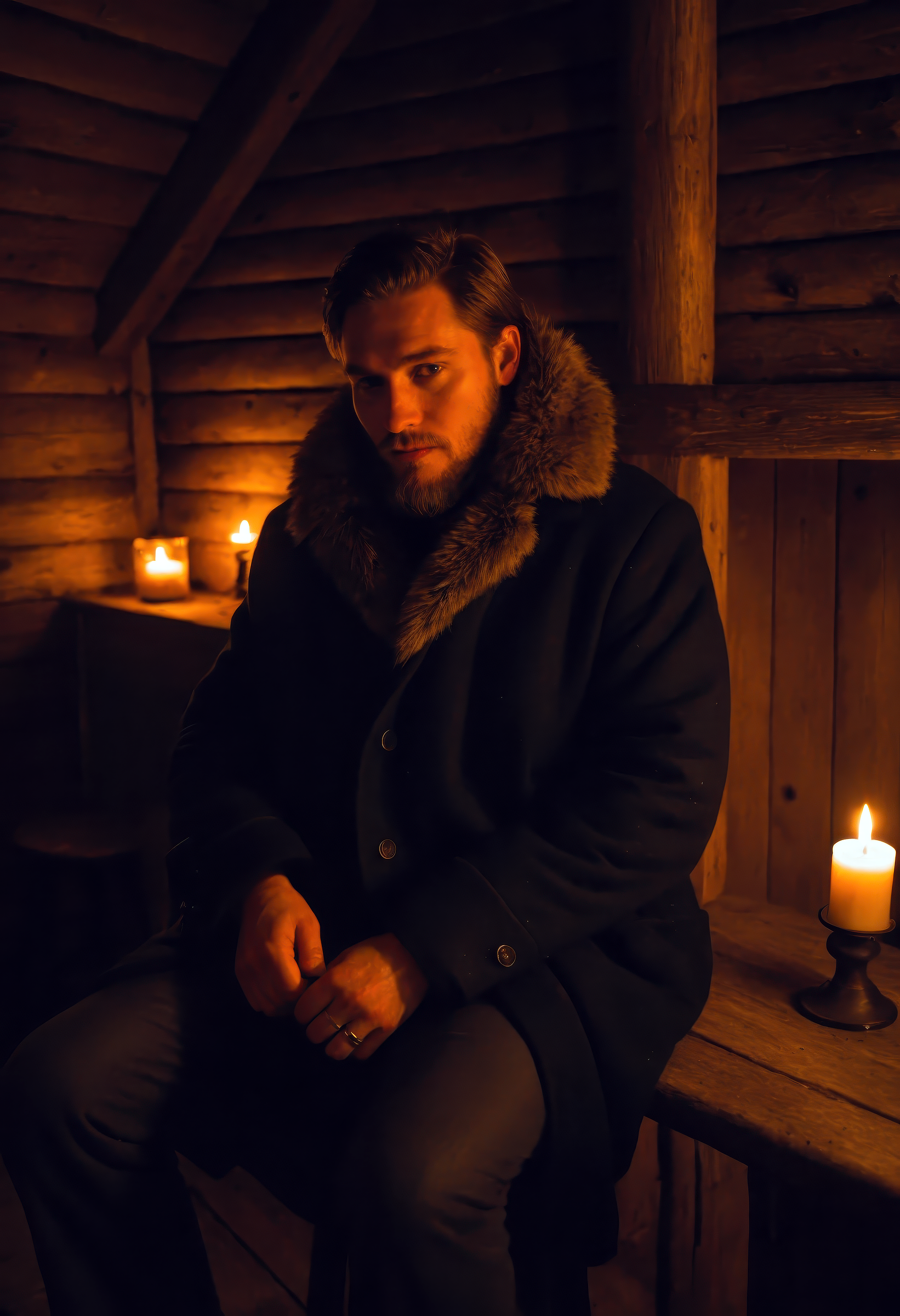 Icelandic man, long layered coat with fur trim, seated in a wooden cottage with candlelight, cozy and atmospheric
