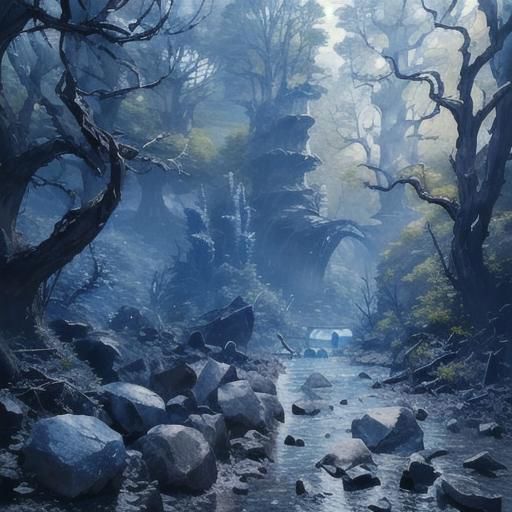 (Realistic:1.5) EdobLandscapeAlpha , outdoors, thorns, signature, blue theme, evening, alien, bridge, solo, rock, forest, <lora:EdobLandscapeAlpha_v1.0:0.8>