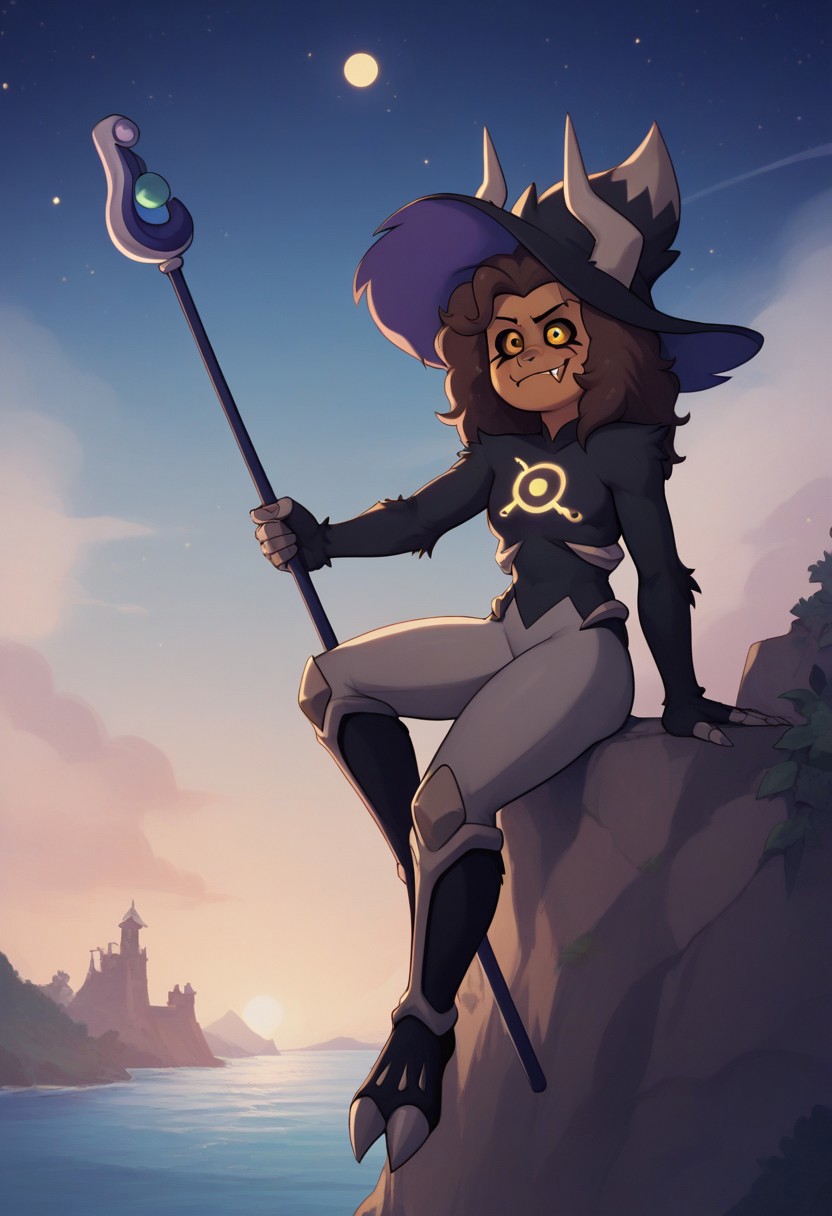 score_9, score_8_up,score_7_up, (high-contrast, cel shading), solo,, 
(LuzTitan, yellow eyes, brown skin, black sclera, horns, fangs, fur covered body, witch hat, staff, leggings, ),
Sitting on a cliff overlooking a ocean, starry sky,