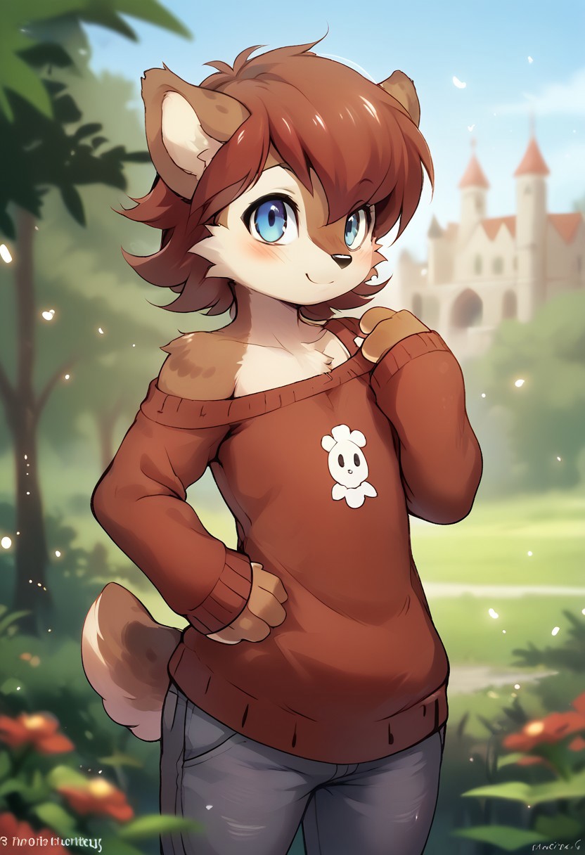 score_9, score_8_up, score_7_up, score_6_up, ((furry, sally acorn as a male, brown fur, two-toned fur, short hair, bangs, blue eyes, short tail, animal ears)), solo, standing in a field, castle in background, red flowers, smiling, slight smile, eyes closed, blushing, summer day, sunlight, hand on hip, sassy hipsway, coy cute, oversized sweater, maroon sweater, sweater hanging off shoulder, hipsway, flat chest, chest fur, fur tuft, sfw, dark grey pants, <lora:Tokifuji_Style_PonyXL:.7>, (highly detailed:1.2), (intricate:1.2), (best quality:1.2),(8k:1.2), (sharp:1.2), (majestic:1.2), natural lighting, detail++