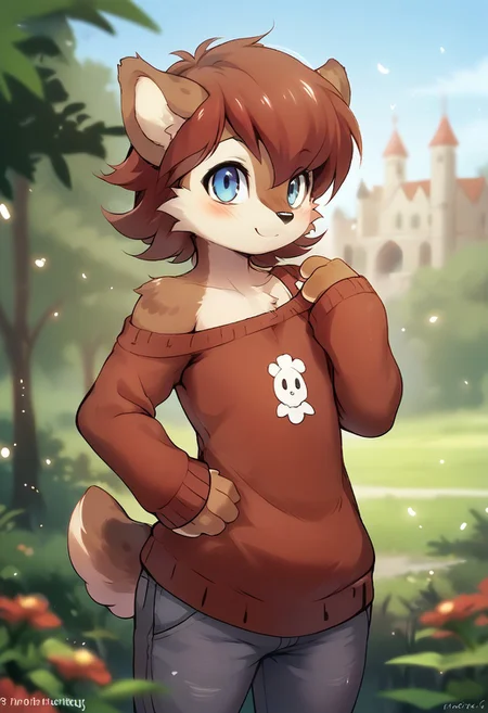 score_9, score_8_up, score_7_up, score_6_up, ((furry, sally acorn as a male, brown fur, two-toned fur, short hair, bangs, blue eyes, short tail, animal ears)), solo, standing in a field, castle in background, red flowers, smiling, slight smile, eyes closed, blushing, summer day, sunlight, hand on hip, sassy hipsway, coy cute, oversized sweater, maroon sweater, sweater hanging off shoulder, hipsway, flat chest, chest fur, fur tuft, sfw, dark grey pants, <lora:Tokifuji_Style_PonyXL:.7>, (highly detailed:1.2), (intricate:1.2), (best quality:1.2),(8k:1.2), (sharp:1.2), (majestic:1.2), natural lighting, detail++
