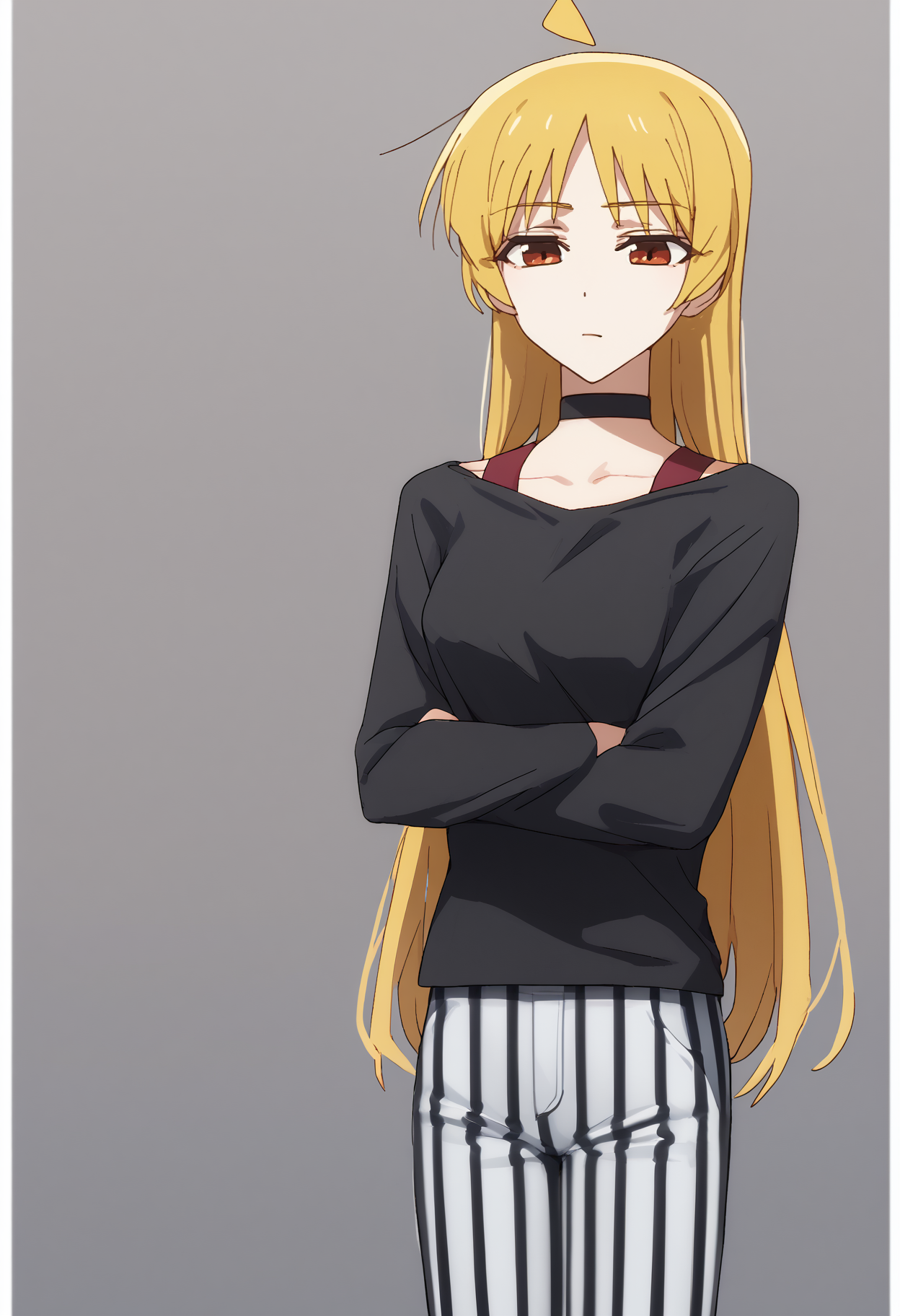 score_7_up, score_6_up, <break> simple background, white background, solo, 1girl, ijichi seika, expressionless, looking at you, standing, crossed arms, ahoge, black shirt, vertical-striped pants, choker, collarbone
 <segment:yolo-face_yolov8m.pt,0.4,0.5//cid=1>