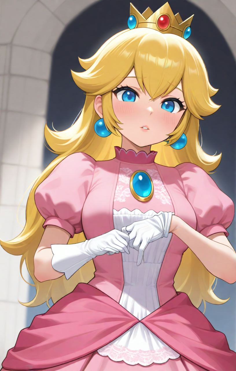 [[[hinosaki]]], 1girl, solo, cowboy shot, upper body, princess peach, blonde hair, blue eyes, long hair, pink dress, crown, remglove, removing glove, white gloves, masterpiece, best quality, amazing quality, very aesthetic, high resolution, ultra-detailed, absurdres, newest,remglove, removing glove