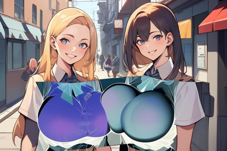4k,masterpiece,2girls,<lora:breast_implants_sd_v1.2:1>,breast implants,street,upper body,smile,realistic,school uniform,