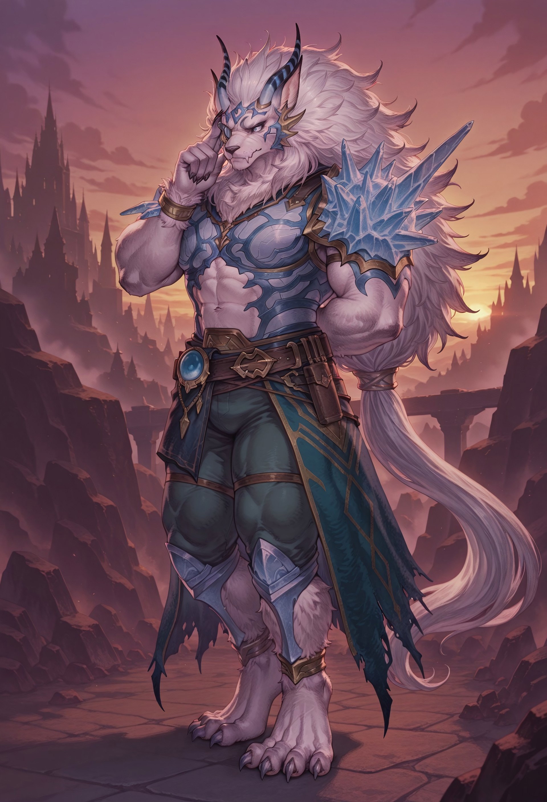 werewolf, 1boy, solo, furry, monocle, armor, ice shoulder armor, striped horns, huge horns, big horns, belt, jewelry on belt, bracelet, torn waist cape, (blue eyes), long hair, low-braided long hair, (fangs) ,ice knee pads,detailed fingers, nice eyes, 

, adjusting eyewear, arm behind back, closed mouth, (wavy_mouth:1.2), (four toes:1.3), (4toes:1.4), bara, 

, detailed face, detailed body, three quarter view, full body, full-length portrait, sunset, 

, masterpiece,best quality,amazing quality,