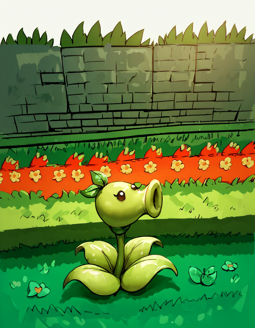 score_9, score_8_up, score_7_up, score_6_up, score_5_up, score_4_up, source_anime, , peashooter, creature, garden, grass
