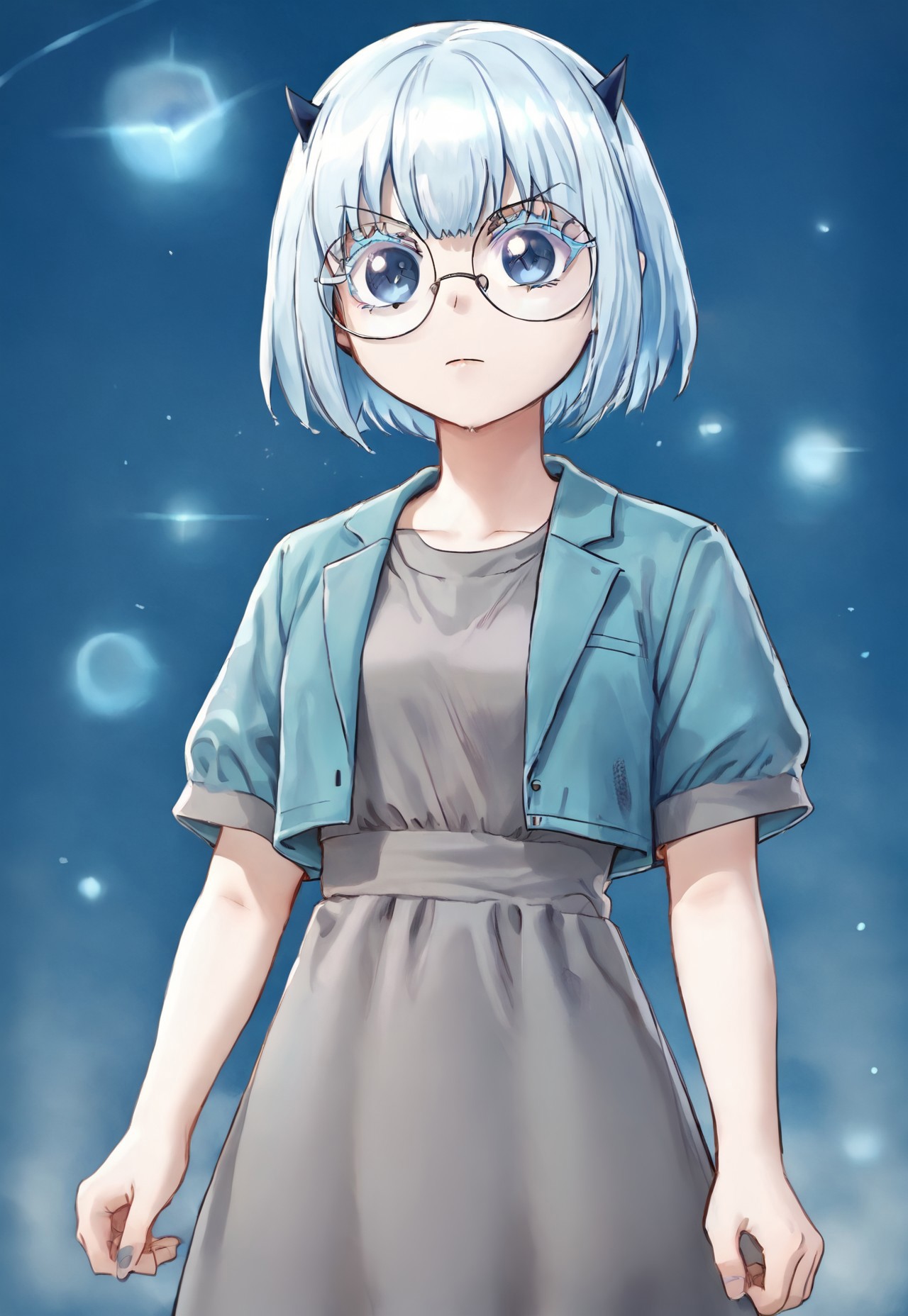 1 girl, standing eye catching, solo, light blue hair, short hair, blue eyes, horns, round eyewear, colored eyelashes, KeroriCasual, grey dress, blue jacket, open jacket, short sleeves
