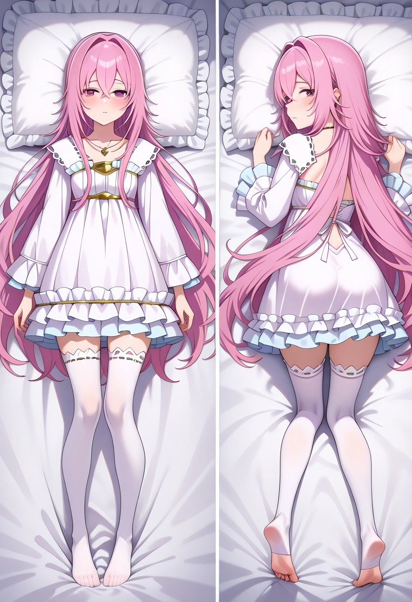 masterpiece,best quality,amazing quality,very aesthetic,absurdres,newest, huge filesize,
<lora:spo_sdxl_10ep_4k-data_lora_webui:0.5>,
<lora:add-detail-xl:1>
<lora:Dakimakura_IL_v1:1> dakimakura,  front view, back view,full body, looking back, 
BREAK
aishia, very_long_hair, pink_hair, hair_between_eyes, hair_intakes, purple_eyes, pink_eyes, frilled_dress, long_sleeves, frills, by_nekoi_(nekoi_0116), flat_chest, jewelry, toes, 1girl, feet, thighhighs, necklace, backless_outfit, soles, looking_back, solo, looking_at_viewer,exhausted, dakimakura