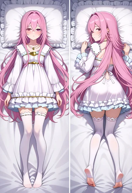 masterpiece,best quality,amazing quality,very aesthetic,absurdres,newest, huge filesize,
<lora:spo_sdxl_10ep_4k-data_lora_webui:0.5>,
<lora:add-detail-xl:1>
<lora:Dakimakura_IL_v1:1> dakimakura, front view, back view,full body, looking back,
BREAK
aishia, very_long_hair, pink_hair, hair_between_eyes, hair_intakes, purple_eyes, pink_eyes, frilled_dress, long_sleeves, frills, by_nekoi_(nekoi_0116), flat_chest, jewelry, toes, 1girl, feet, thighhighs, necklace, backless_outfit, soles, looking_back, solo, looking_at_viewer,exhausted, dakimakura