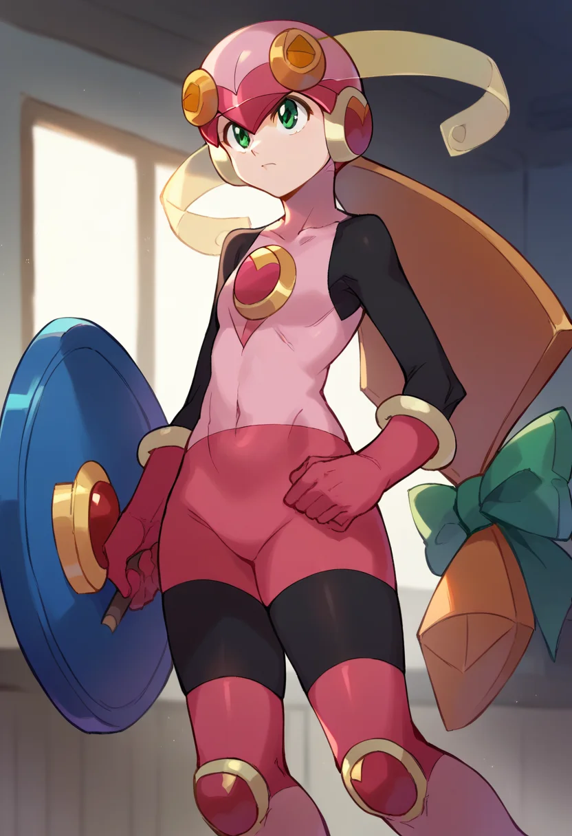 score_9, score_8_up, score_7_up,
<lora:RollexeMaylSakuraiPonybyRR-10:1>, roll.exe_(mega_man), helmet, pink bodysuit, green eyes, long hair, pink gloves, knee boots, pink boots,
1girl, solo, serious, holding, shield,
cowboy shot, indoors, lab,