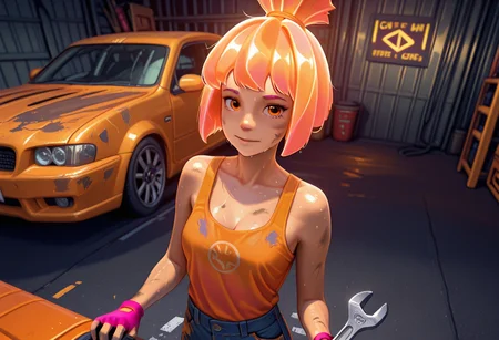 Graphic Design, color art, vibrant colors, colorful, intricate details, high contrast, detailed background, beautiful detailed, beautiful face, detailed eyes, detailed face, new, newest, 1girl, solo, s1mk4, orange hair, topknot, bob cut, orange eyes, tank top, jeans, fingerless glowes, dirty, upper body, holding wrench, sweat, car, fixing car, garage, fixing engine, (masterpiece, best quality, newest, recent, absurdres),