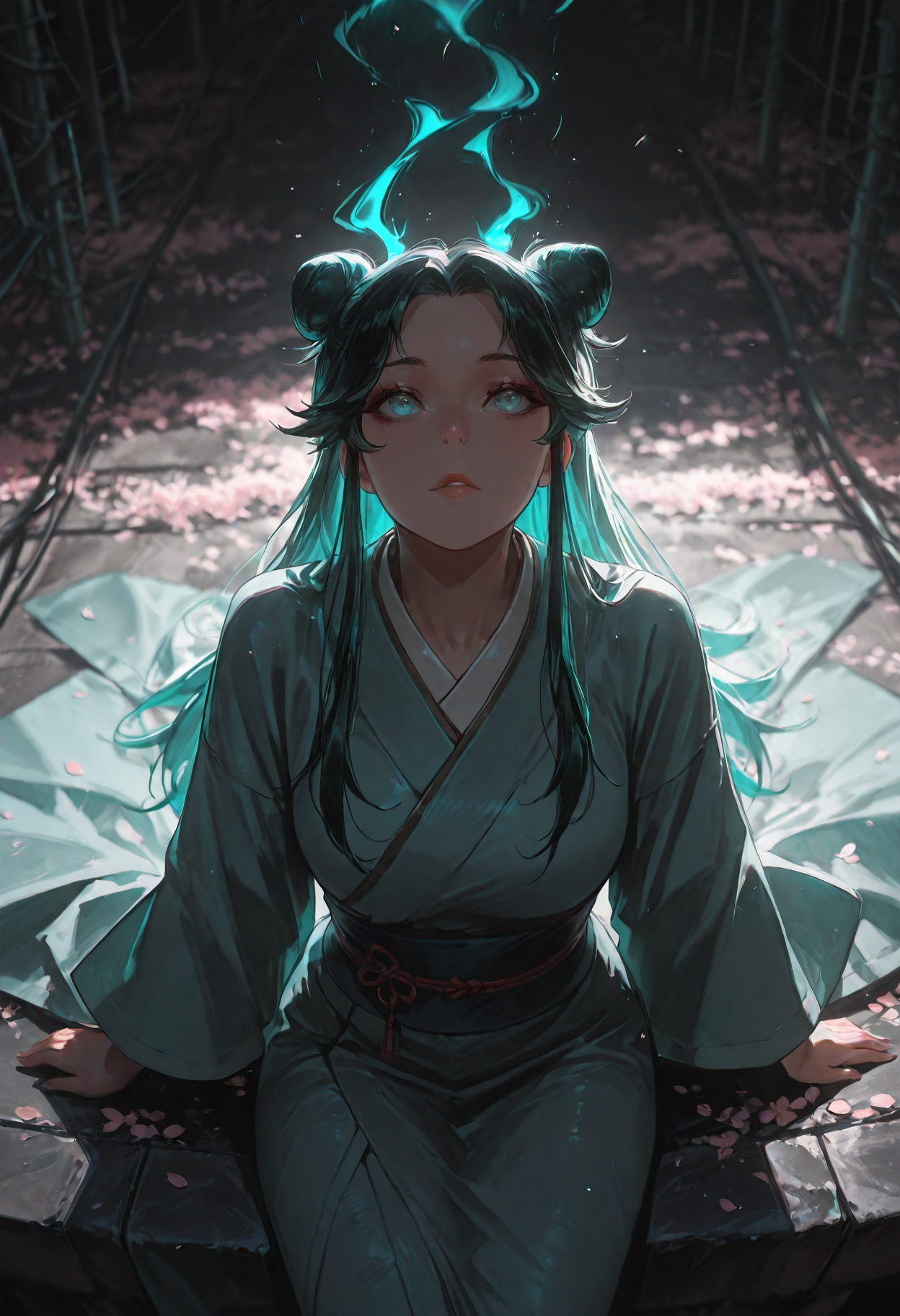 1girl, Servant Gu, double bun, long hair, aqua eyes, kimono,lighting aura,cherry blossoms,power lines,sitting,arms at side,sprawled,dynamic pose,looking up viewer,(from above:1.2),parted lips,perspective,black background,vignetting,chromatic aberration,depth of field,
(Smooth Quality - Illustrious:0.8), masterpiece,best quality,amazing quality, absurdres, (impressionism), ultra-HD, 8k, fit body, highest quality, volumetric lighting, (cinematic composition:1.3), (sharp focus:1.2), (depth of field:1.2), (adult), wide eyes, (mature female:1.2), very aesthetic, smooth image, action lines, motion lines, motion blur, (detailed face and eyes:1.3),
<lora:illustrious_quality_modifiers_masterpieces_v1:0.6>  <lora:ponyv4_noob1_2_adamW:0.4> <lora:FINALE:0.3>  <lora:I_Am_The_Fated_Villain:0.6> <lora:g0thicILL:0.4> <lora:USNR STYLE_XL_loha:0.3>