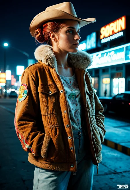 score_9, score_8_up, score_7_up, amazing quality, ((single character)), full profile photo, 80s cyberpunk, 80s movie with film grain, (full character profile:1.5), background of industrial cyberpunk city with neon advertisements, outdoors, dark sky,
BREAK, a dark skinned woman (african) with a curious expression, (fuzzy auburn hair in bun with a tan cowboy hat:1.3), (standing with hands in jacket pockets:1.2),
BREAK, wearing a colorful African styled top (green yellow red pattern) and grey sweat clothes underneath,