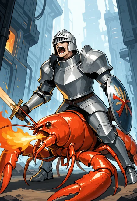 best quality, masterpiece, newest, 1boy, knight, holding sword and shield, screaming, heavy armor,
riding lobster, lobster breathing fire, sci-fi background, detailed background,