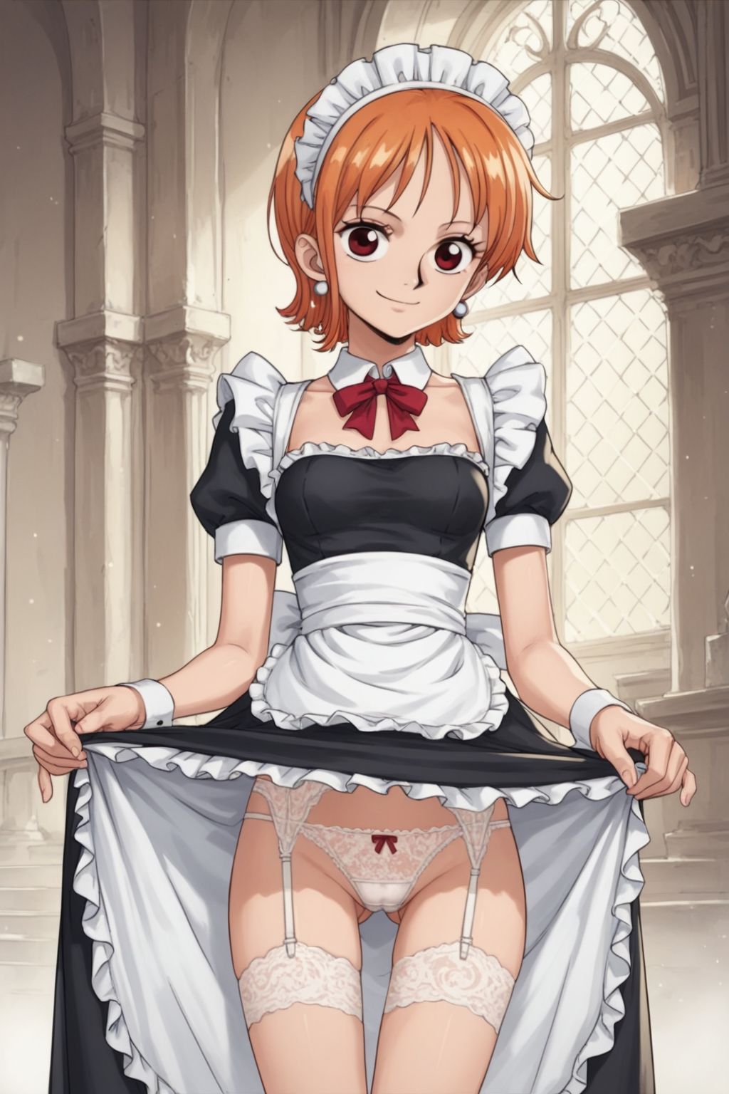 1girl,standing,
<lora:Nami:0.7>,Nami,orange hair,red eyes,maid,lace,earrings,maid_headdress,thigh_ribbon,garter_straps,smile,closed mouth,hands_on_hips,castle,indoor,small breasts,short hair,lace-trimmed panties,<lora:gwmdetail_lora_r64_sdxl:0.5>,GWMDetail,, score_9, score_8_up, score_7_up, score_6_up, score_5_up, score_4_up, BREAK, source_cartoon, source_anime,uncensored