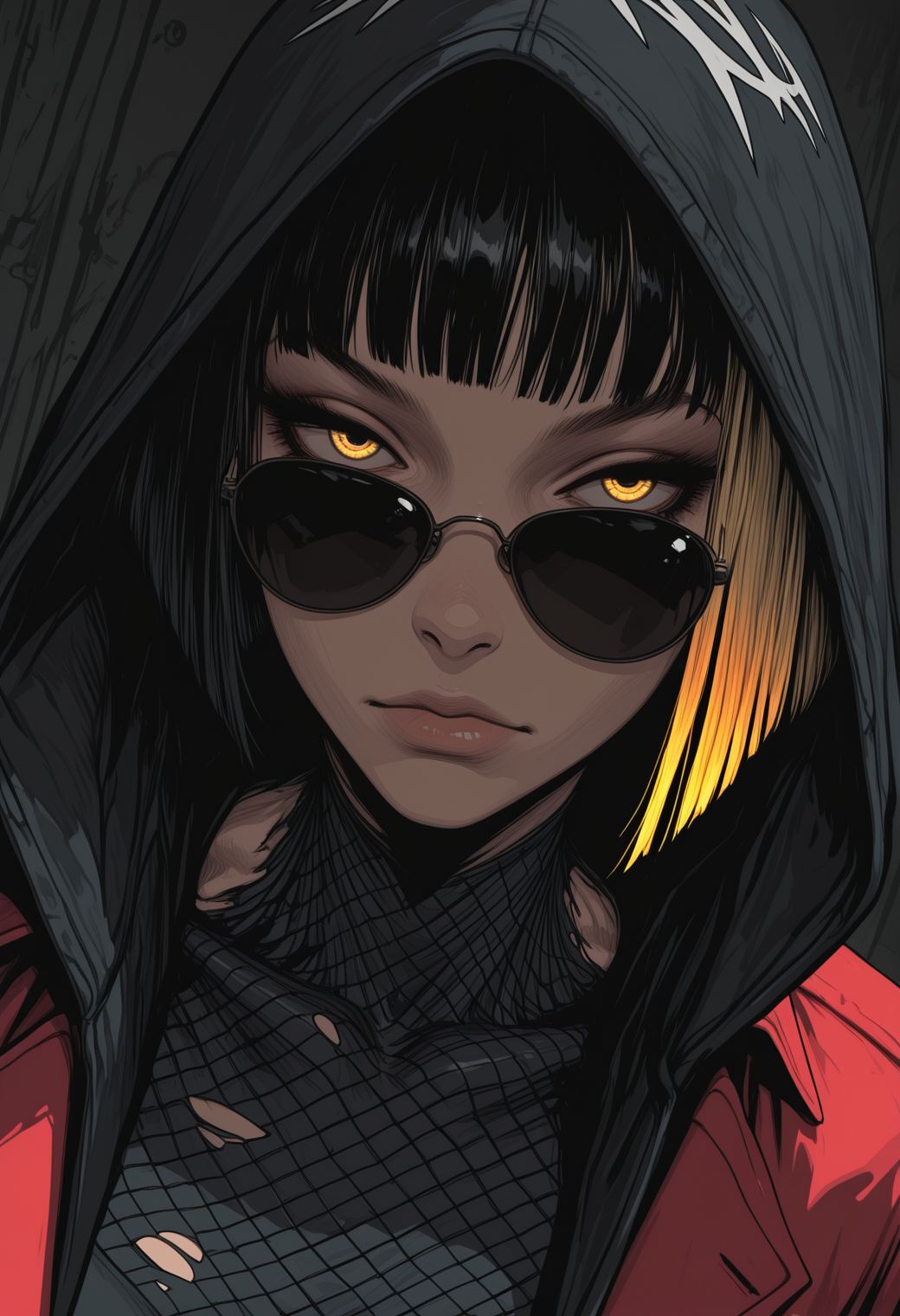 masterpiece,best quality,amazing quality,32k,ultra detailed, 1girl, black hair, yellow hair ends, skinny, athletic, blazer with hood, red blazer, hood on head, hands in blazer pocket, wide shoulders, round sunglasses, glowing sunglasses, black sunglasses, torn jeans, close up, dutch angle, neon flame conturing female body, abstract superhero sketch, volumentary, sinozick_illu, arsmjstyle, <lora:Sinozick_style:0.65> <lora:HyperdetailedColoredPencilIl:0.25>, <lora:illustriousXL_stabilizer_v1.23:0.35>,