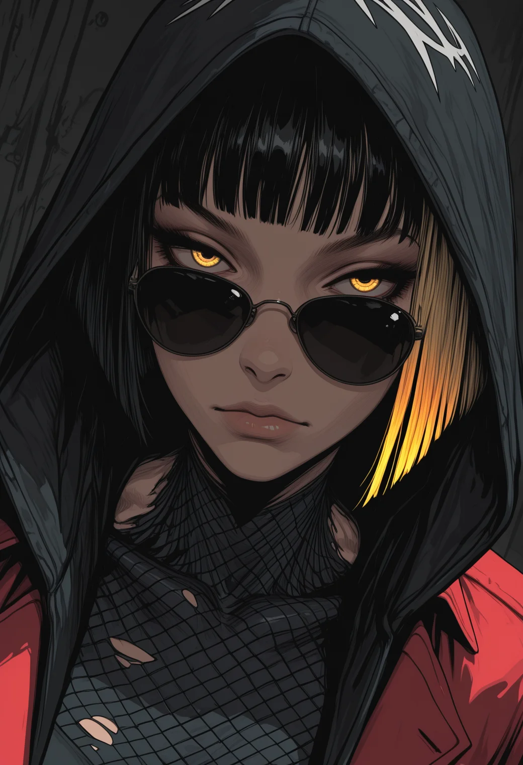 masterpiece,best quality,amazing quality,32k,ultra detailed, 1girl, black hair, yellow hair ends, skinny, athletic, blazer with hood, red blazer, hood on head, hands in blazer pocket, wide shoulders, round sunglasses, glowing sunglasses, black sunglasses, torn jeans, close up, dutch angle, neon flame conturing female body, abstract superhero sketch, volumentary, sinozick_illu, arsmjstyle, <lora:Sinozick_style:0.65> <lora:HyperdetailedColoredPencilIl:0.25>, <lora:illustriousXL_stabilizer_v1.23:0.35>,