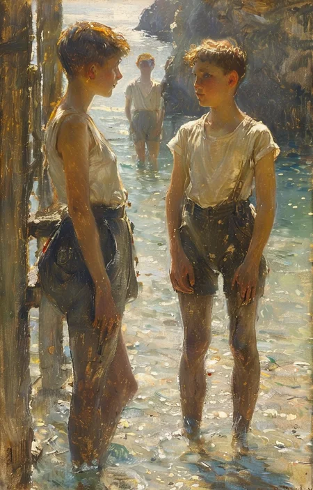 masterpiece,best quality,<lora:tbh239-sdxl:0.9>,illustration,style of Henry Scott Tuke portrait of Housework robots