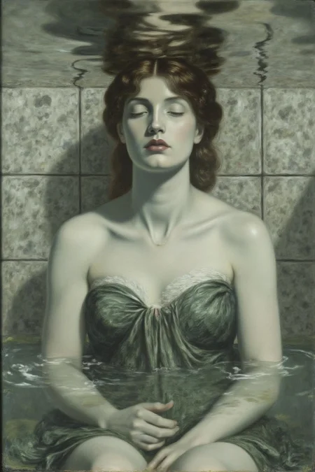 dgr painting.
Closeup shot of a serene and artistic underwater scene featuring a woman partially submerged in water. She is wearing a strapless one piece bathing suit. The water surface gently ripples above her head, creating intricate patterns of light and shadow on her face and body. Her eyes are closed, and her expression is peaceful and contemplative. The background is a tiled surface, blurred by the water, adding a sense of calm and isolation to the scene. The overall color palette is muted, with soft grayscale tones that enhance the tranquil, reflective atmosphere. The image captures the ethereal beauty of light and water interacting with human form, evoking a sense of introspection and quietude.
 <lora:dgr1_cap_d6a3e8:1.0><lora:819503902371183921:0>