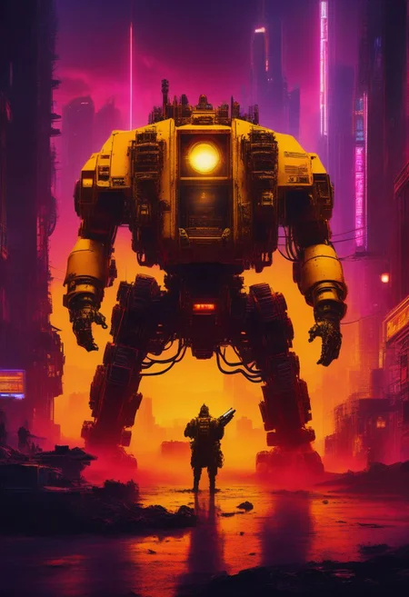 ((masterpiece,best quality)), absurdres, hyper realistic detailed render, 
a 4 meter tall yellow drdnght machine with rocket launcher and flamethrower, 
game asset, cinematic, movie poster, warm colors, red theme,  purple fog, 
night, building, city, cityscape, cable, monitor, cyberpunk, neon lights, silhouette,