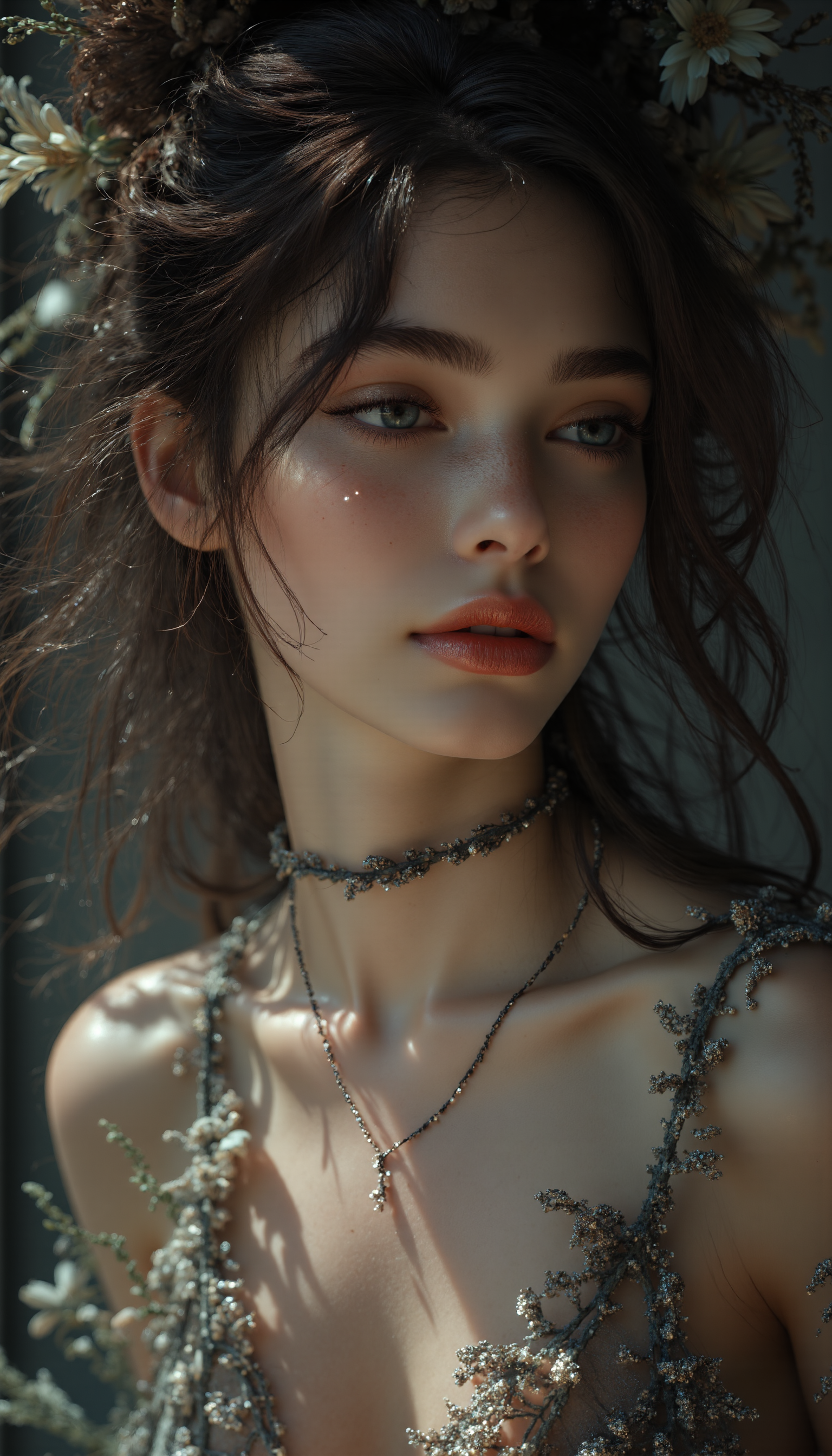 Midjourney_Whisper, A hyper-realistic portrait of a stunning supermodel, featuring a beautifully detailed face with captivating eyes and a serene expression. The image showcases her natural beauty, focusing on her flawless skin and delicate features. The composition blends modern and traditional elements with a neo mode, avant-garde style, characterized by elegant lines, vibrant colors, and exquisite details. Her hair is styled in an intricate and unique fashion, adding to her ethereal and timeless aura. The lighting enhances her features, creating a soft interplay of light and shadow, while the high-resolution quality captures every detail with photorealistic clarity, head tilt pose, (three quarter view:0.2), straight-on, (dutch angle:0.4),upper body, breast focus, looking away, <lora:midjourney_whisper_flux_lora_v01:1>,