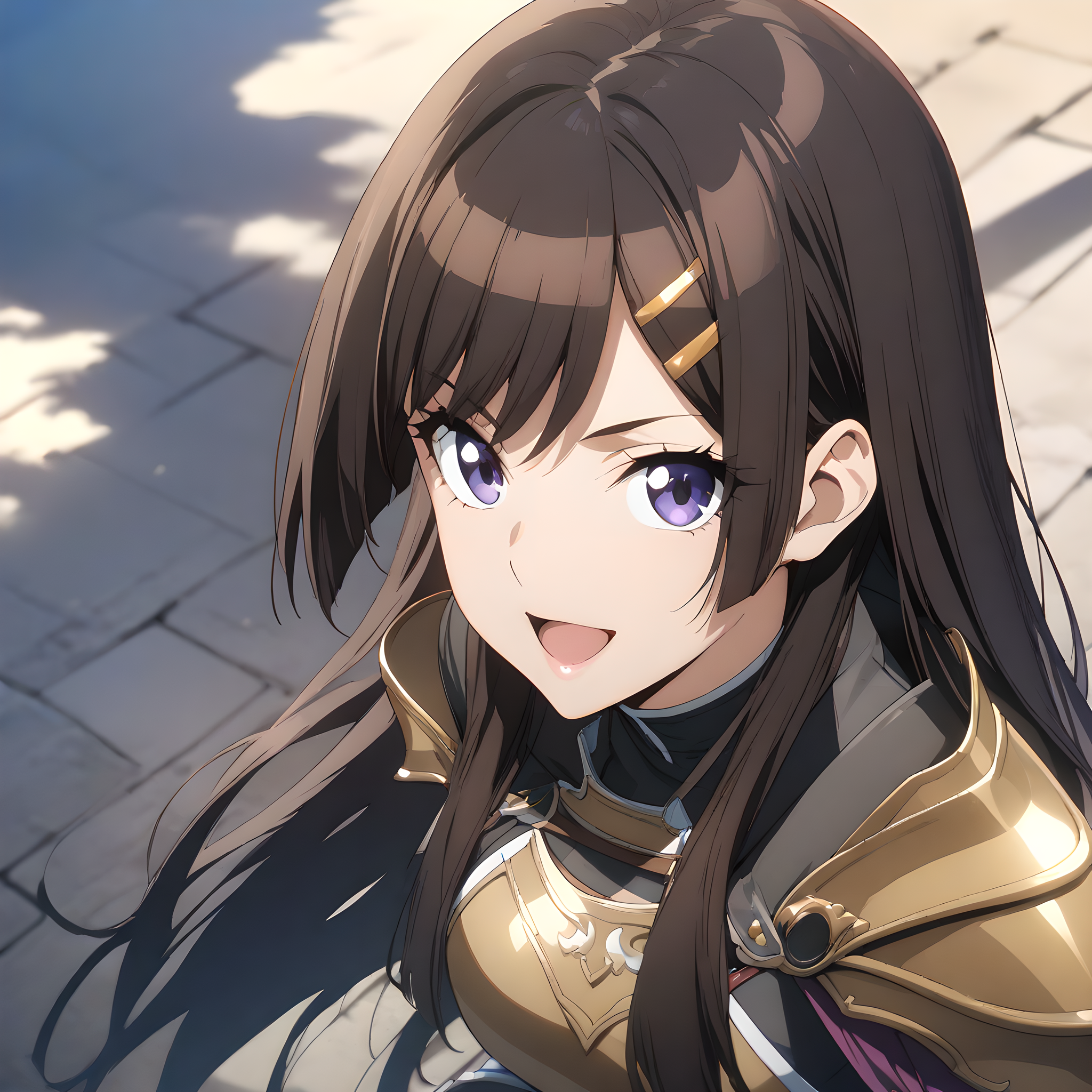 (masterpiece),(best quality),(ultra-detailed),(best illustration),(best shadow),(absurdres),(detailed background),(very aesthetic),otonashi_hibiki, 1girl, brown hair, solo, hair ornament, long hair, hairclip, smile, open mouth, sky, cloud, purple eyes, armor, weapon, looking at viewer, sword <lora:XL-OtonashiHibiki:1>