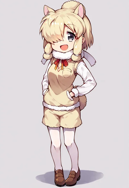 1girl, solo, best quality, ultra-detailed, extremely detailed, perfect anatomy, masterpiece, score_9, score_8_up, score_7_up, alpaca suri (kemono friends), alpaca ears, hair over one eye, bangs, blonde hair, grey eyes, sidelocks, hair tubes, hair bun, tail, short hair, horizontal pupils, fur scarf, white pantyhose, long sleeves, fur collar, fur trim, neck ribbon, white shirt, sweater vest, shorts, pantyhose, breast pocket, fur-trimmed sleeves, shoes, simple background, standing, open mouth smile, staring at viewer, cute, full body, dutch angle, posing,