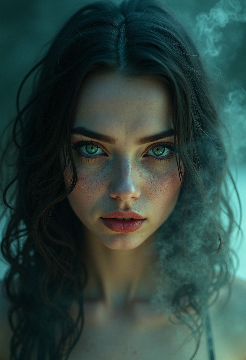 A powerful Enchantress. She is of dust it is of electricity, She is power, She is alive, she stares into your soul, she is beautiful, she is terrifying, she dreams and reality conforms. colored lighting, piercing eye contact, eldritch skin lines, 
Detailed photograph, masterpiece