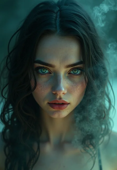 A powerful Enchantress. She is of dust it is of electricity, She is power, She is alive, she stares into your soul, she is beautiful, she is terrifying, she dreams and reality conforms. colored lighting, piercing eye contact, eldritch skin lines,
Detailed photograph, masterpiece