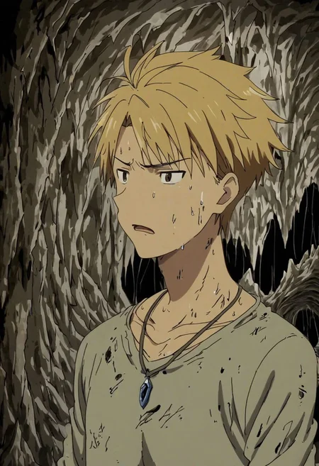 high resolution, solo, best quality, 1Boy, Yamato Ishida, Blond Hair, Necklace, trapped, cave, cold, OverallDetail