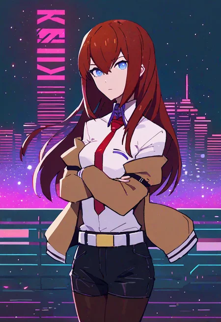 score_9, score_8_up, score_7_up, score_6_up, source_anime, mountainous horizon, sunset, neon lights, cityscape, 1girl, looking at viewer, neon trim, MinimalStyle, retrowave, ((Makise_Kurisu)), brown jacket, off shoulder, white shirt, red necktie, black shorts, pantyhose, legwear under shorts, white belt, makise kurisu, blue eyes, crossed arms