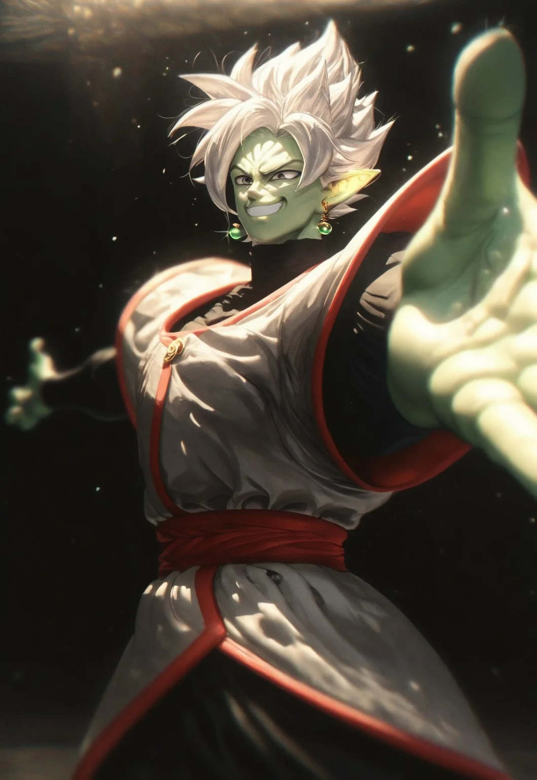 score_9, score_8_up, score_7_up score_6_up, 1dk, OverallDetail, csr style,
Male, Zamasu, Green skin, Pointed ears, White hair, Gray eyes,
Athletic build, Perfect eyes, Perfect face,
Eyes wide open, happy face, smile, Clenched teeth,
posing, standing, outstretched arms,