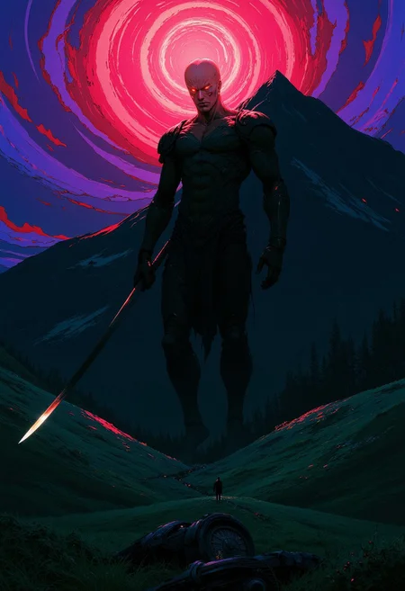 extreme Closeup, flat color two toned in translucent Neon Pink, Blue and Green hues, cinematic lighting, insane details, hyperrealistic extreme closeup macro photography, 64 megapixel DSLRAn intense action-packed anime scene in a sketch-like style, featuring thick, bold lines with a vibrant translucent color palette. a moody scenery landscape infront an sundawn behind mountains, very detailed scenery, a Female Busty hknuns Shogun nun is barely seen in the mist, one arm braced on a giant ripped saw Blade claymore for support, ethereal, atmospheric haze,, emphasizing the powerful contrast between light and darkness. The atmosphere is filled with raw intensity as a fierce aura envelops the subject, reflecting the growing, monstrous anger. The aura swirls violently, as if ready to explode. The use of deep blacks highlights the raw emotion and energy in this high-detailed, sketch-like artwork.