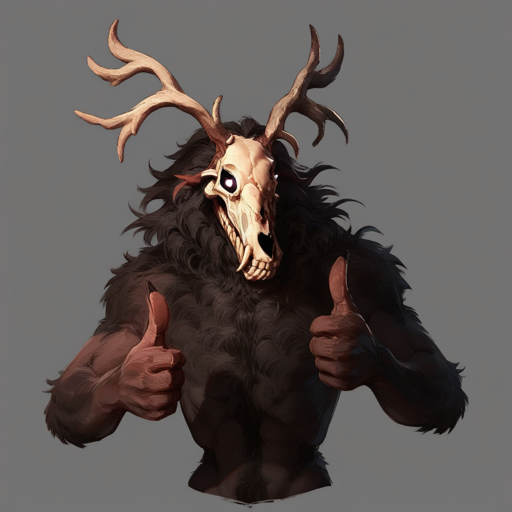 score_7_up, score_8_up, wendigo, monster, skull head, antlers, dark fur, glowing eyes, (thumbs up), upper body, simple background,