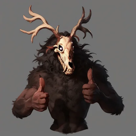 score_7_up, score_8_up, wendigo, monster, skull head, antlers, dark fur, glowing eyes, (thumbs up), upper body, simple background,