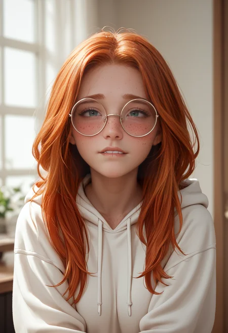 Expressiveh, score_9, score_8_up, score_8, score_7, score_6, Expressiveh, easynegative, ipalpua, (sexy, hot, cute, ginger, ginger hair, round face, cute, nerd, nervous, freckles, perfect face, large round glasses), face focus, blush, intense red blush:1.3, biting lip, lip biting, hoodie, long hair, gamergirl, egirl, large bust, V arms:1.3,, <lora:Expressive_H:0.7>, <lora:more_details:0.7>,
