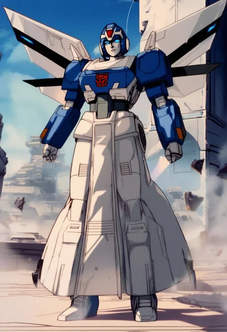 score_9, score_8_up, score_7_up, animation, transformers, 1girl, robot, Decepticon, Tall, slim, Seeker, Starscream glowing eyes, blue eyes, large eyes, circular eyes, white armour, forward long jet swept wings, transforms into futuristic Stealth Mig Fighter Jet, full body, cowboy shot, smiling, holding null ray blasters, Decepticon Symbol, long skirt armour (split in middle) head crown,
<lora:StarScream1.2:1>