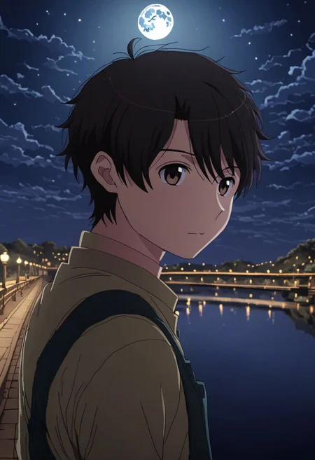 high resolution, solo, best quality, 1Boy, Inaho Kaizuka, Black Hair, Brown Eyes, depth of field, moon, fantastic night, dreamlike, midle of bridge, OverallDetail