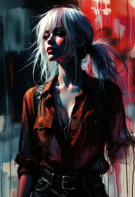 OBxiaoxiang, inksketch, Silhouette Art, magnificent, dark background, inksplash portrait of stunning japanese heavy meatl guitarist, long hair with platinum streaks, sidelocks, bangs, front-laced blouse, cleavage, fishnet, seductive, sultry, red lips, silhoutted in spotlight on stage, light hitting one side of face, inksplash abstract background
