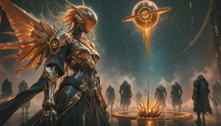 A mysterious figure stands with their back turned, framed by a low-angle perspective that emphasizes their commanding presence, clad in an elaborate asymmetrical outfit seamlessly fusing sleek metallic alloys etched with fractal vines and flowing iridescent fabrics resembling living coral, their bioluminescent wings—translucent membranes veined with glowing cyan circuitry—shimmering faintly as vine-like hair cascades down, each strand embedded with pulsating crystalline orbs that mirror the swirling galaxies within their eyes locked intently on a floating holographic orb. The hologram projects shifting runic patterns in gold and violet that cast dancing shadows over their weathered face and armor-clad shoulders where rests a towering crystalline staff pulsing with prismatic energy, its radiance casting spectral light across the dim cavernous chamber they inhabit, while the faint hum of arcane power vibrates through the air. Behind them stretches an eerie yet elegant army of biomechanical warriors adorned in intricate armor blending jagged obsidian plates with pulsating bioluminescent growths, their ranks marching in precise unison across a floor of fractured crystal that refracts the ambient glow into kaleidoscopic patterns, each soldier’s visor reflecting the same celestial intensity seen in the figure’s gaze. The scene merges organic vitality with cold futurism through a palette of deep indigos, molten golds, and bioluminescent aquas, evoking both primordial mystery and the awe-inspiring might of a force straddling the boundaries between nature and advanced technology, its very existence defying the divide between life and machine.