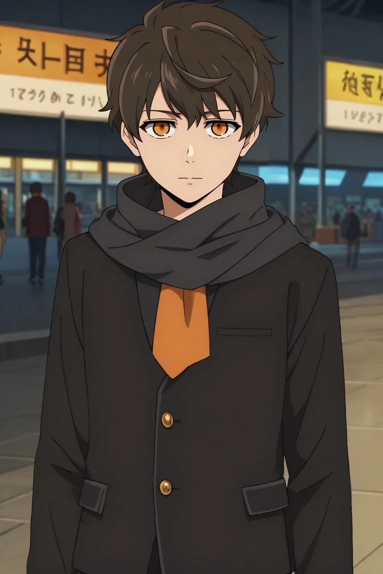 score_9, score_8_up, score_7_up, source_anime, rating_safe, , anime screencap, , official style, looking at viewer, depth of field, 1boy, solo, male focus, <lora:twenty-fifth_bam_pony:0.8>, twenty-fifth_bam, brown hair, orange eyes, short hair, scarf, , , <lora:sdxl_lightning_8step_lora:1>
