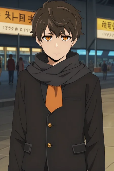 score_9, score_8_up, score_7_up, source_anime, rating_safe, , anime screencap, , official style, looking at viewer, depth of field, 1boy, solo, male focus, <lora:twenty-fifth_bam_pony:0.8>, twenty-fifth_bam, brown hair, orange eyes, short hair, scarf, , , <lora:sdxl_lightning_8step_lora:1>