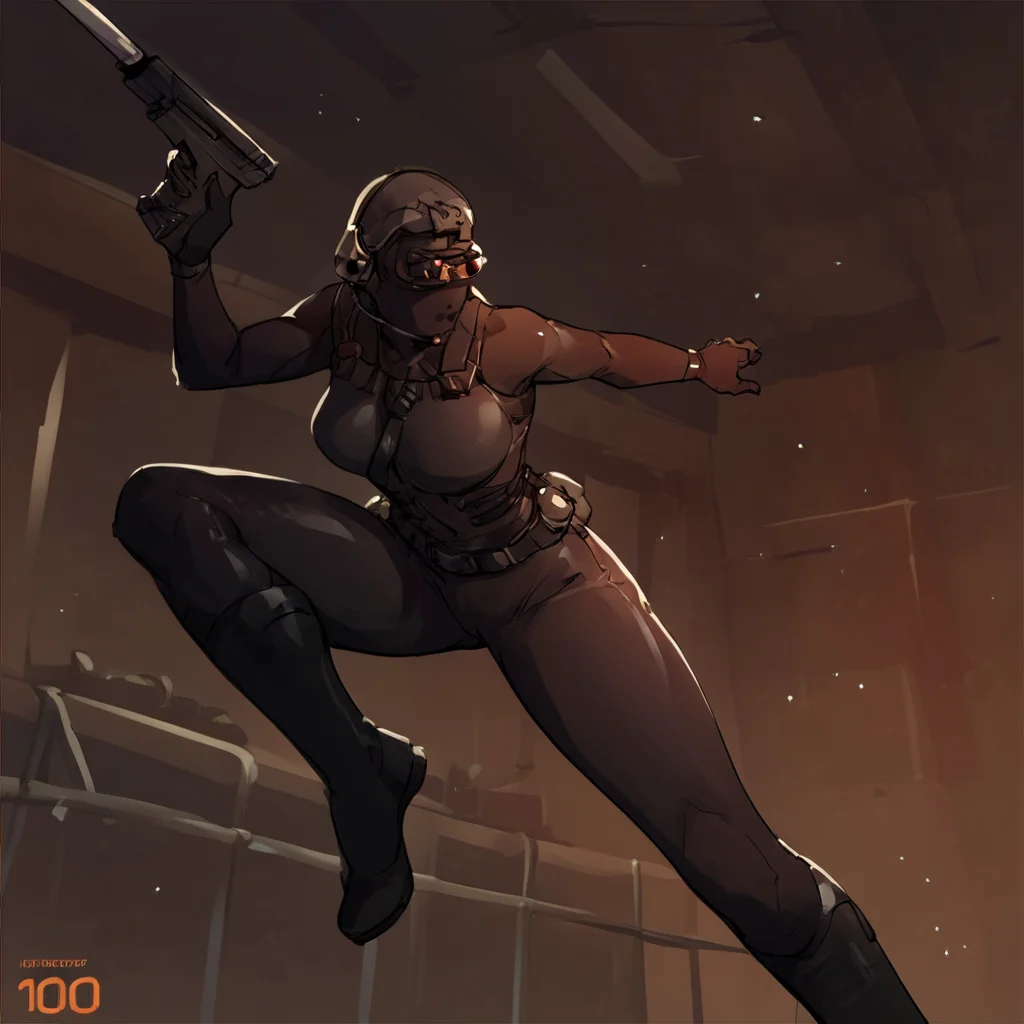 score_9, score_8_up, score_7_up, score_6_up, score_5_up, score_4_up, source_anime, black_ops_assassin, military, bunker, dynamic pose, gun