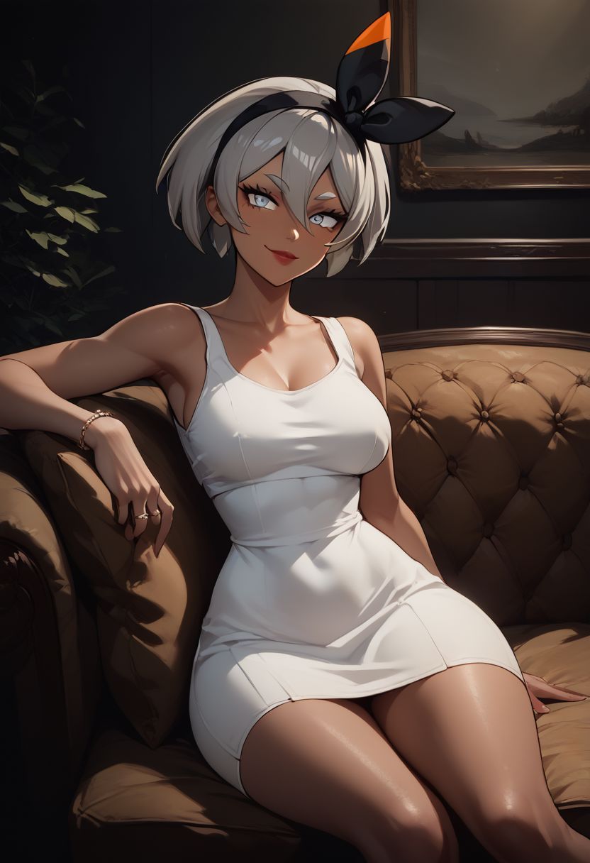 score_9, score_8_up, score_7_up, semi realistic, looking at viewer, suggestive pose, tight white shirt, black pants, mood lighting, cinematic lighting, volumetric lighting, creative angle, high angle view, 
(coy smile, bedroom eyes, head tilt, smirk), (couch, modeling:1.6), ( sitting:1.4), arm on pillow, hand behind hair, hips, large breasts,  thick thighs, hourglass figure, jewelry, rings, 
BREAK,
zzbea, grey eyes, grey hair, shirt hair, hair between eyes,
long white dress, sleeveless dress, off shoulder, head tilt,  
BREAK, 
red lipstick, full lips, 
zzDarkAcademia, indoors, dark theme,