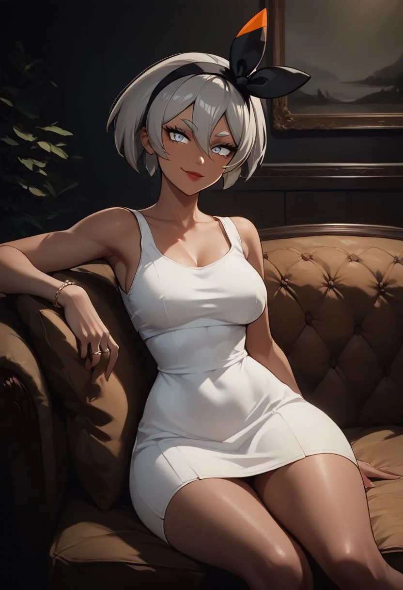 score_9, score_8_up, score_7_up, semi realistic, looking at viewer, suggestive pose, tight white shirt, black pants, mood lighting, cinematic lighting, volumetric lighting, creative angle, high angle view,
(coy smile, bedroom eyes, head tilt, smirk), (couch, modeling:1.6), ( sitting:1.4), arm on pillow, hand behind hair, hips, large breasts, thick thighs, hourglass figure, jewelry, rings,
BREAK,
zzbea, grey eyes, grey hair, shirt hair, hair between eyes,
long white dress, sleeveless dress, off shoulder, head tilt,
BREAK,
red lipstick, full lips,
zzDarkAcademia, indoors, dark theme,