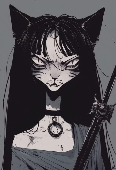 score_9, score_8_up, score_7_up, (cat girls), dystopian future, in a big gladiator arena, anthro, skinny, character portrait, holding a sword and shield, fierce and raging, long hair, choker, oversized clothes, dutch angle, alternate hairstyles, growling