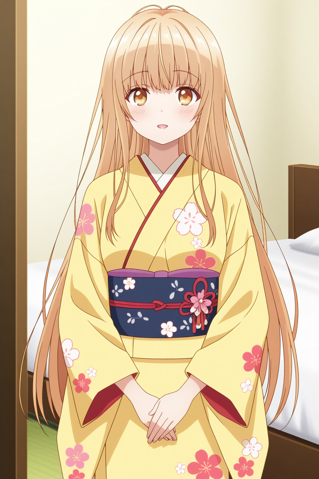 (kimono floral print:1.50), 
an-mahiru, yellow eyes, blonde hair, sidelocks, 
medium breasts, 1girl, solo, skinny,
(masterpiece, best quality, absurdres, high quality, highres, anime, anime style), 
BREAK,
(excited:1.10),
BREAK,
(bedroom:1.10),
BREAK,
(straight-on:1.40),
BREAK,
(:0.80),
(long hair:1.20)
<lora:an-mahiru-V01-illXL-000003:0.80>