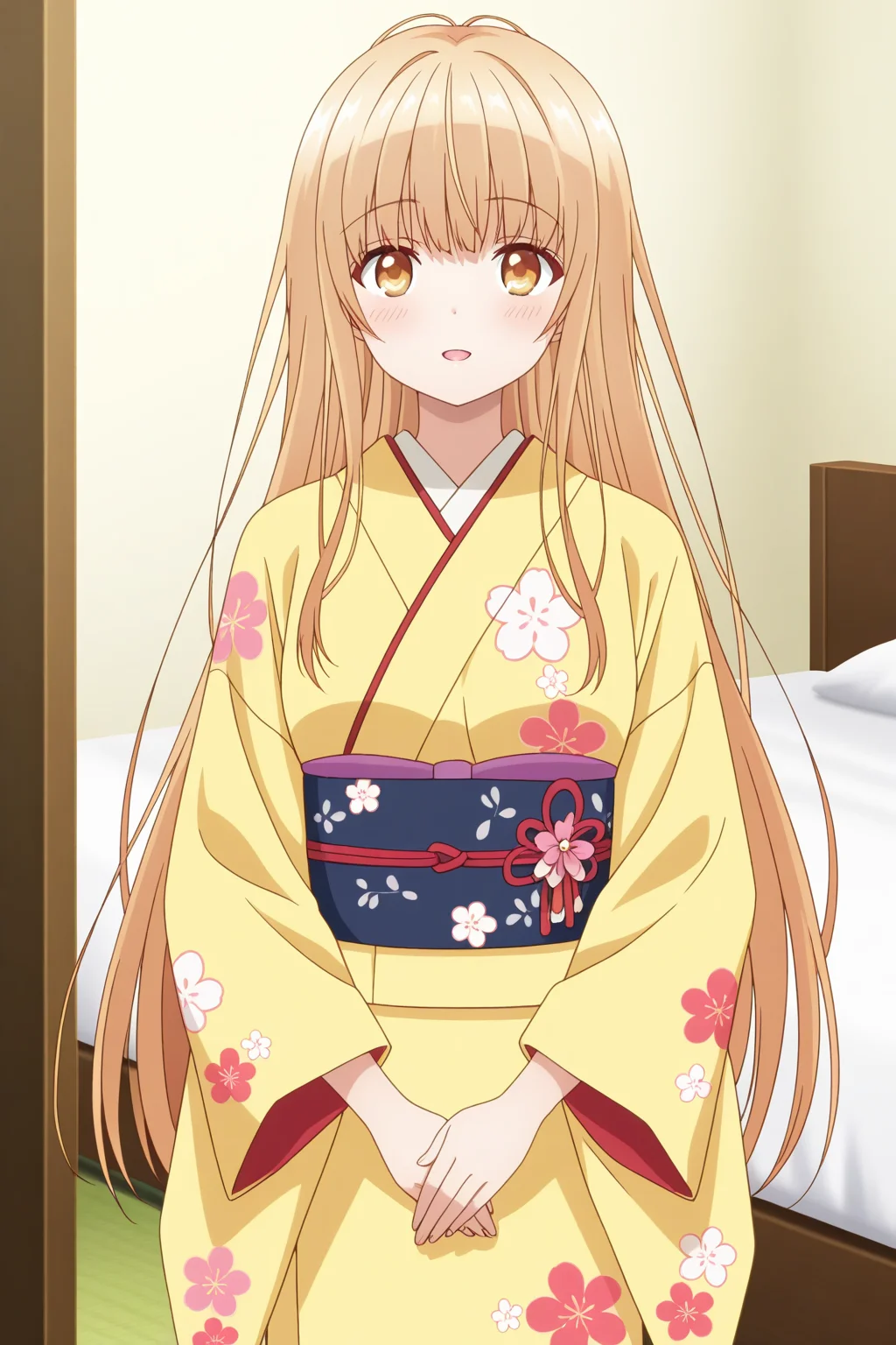 (kimono floral print:1.50),
an-mahiru, yellow eyes, blonde hair, sidelocks,
medium breasts, 1girl, solo, skinny,
(masterpiece, best quality, absurdres, high quality, highres, anime, anime style),
BREAK,
(excited:1.10),
BREAK,
(bedroom:1.10),
BREAK,
(straight-on:1.40),
BREAK,
(:0.80),
(long hair:1.20)
<lora:an-mahiru-V01-illXL-000003:0.80>