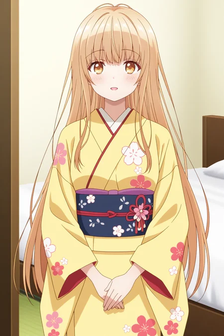 (kimono floral print:1.50), 
an-mahiru, yellow eyes, blonde hair, sidelocks, 
medium breasts, 1girl, solo, skinny,
(masterpiece, best quality, absurdres, high quality, highres, anime, anime style), 
BREAK,
(excited:1.10),
BREAK,
(bedroom:1.10),
BREAK,
(straight-on:1.40),
BREAK,
(:0.80),
(long hair:1.20)
<lora:an-mahiru-V01-illXL-000003:0.80>