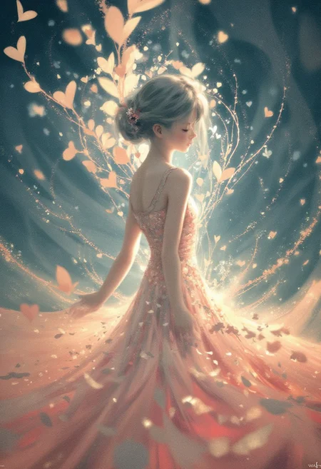 A captivating light painting of an abstract young woman emerging from the fluid forms of surreal sheet music. Her silhouette is composed of cascading hearts in pastel hues, and her gown flows gracefully, blending with the ethereal breeze. The background is a luminous cosmic scene rendered in the Art Nouveau style, featuring dreamlike flowing lines and fantastical organic shapes. The entire scene is illuminated by soft, ambient light, casting subtle, diffuse shadows. The color palette consists of soft pinks, light blues, and gentle yellows, creating a delicate and dreamy atmosphere.